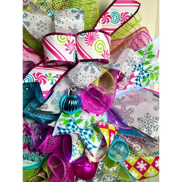 Handmade Bright Merry Christmas Holiday Ribbon Door Wreath 22 ins W54 Pink Blue - Picture 5 of 9
